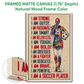 Framed soccer canvas wall art shown with a natural wood frame and colorful player illustration