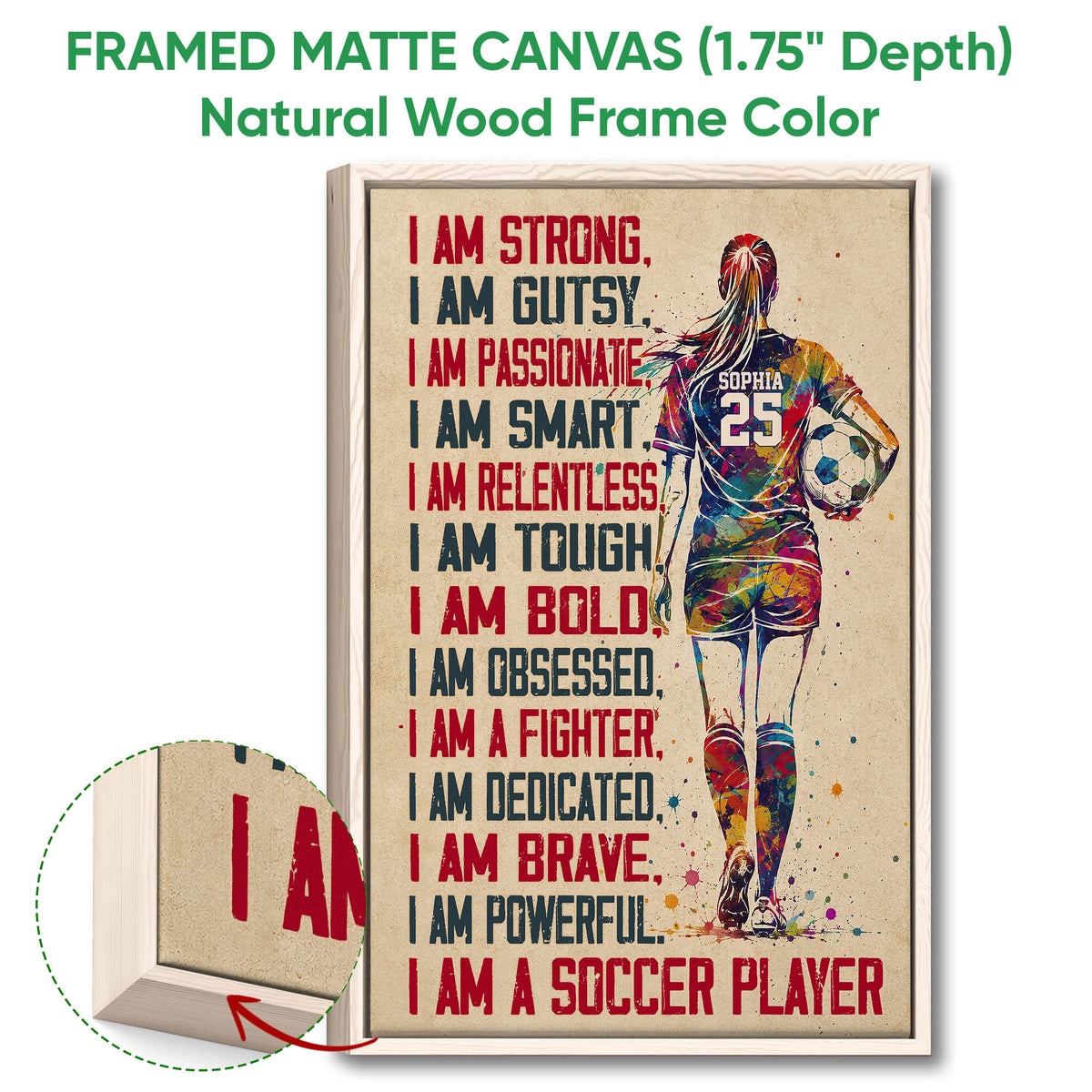 Framed soccer canvas wall art shown with a natural wood frame and colorful player illustration