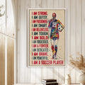 Soccer wall art displayed in a bright room with white paneled walls and natural wood decor