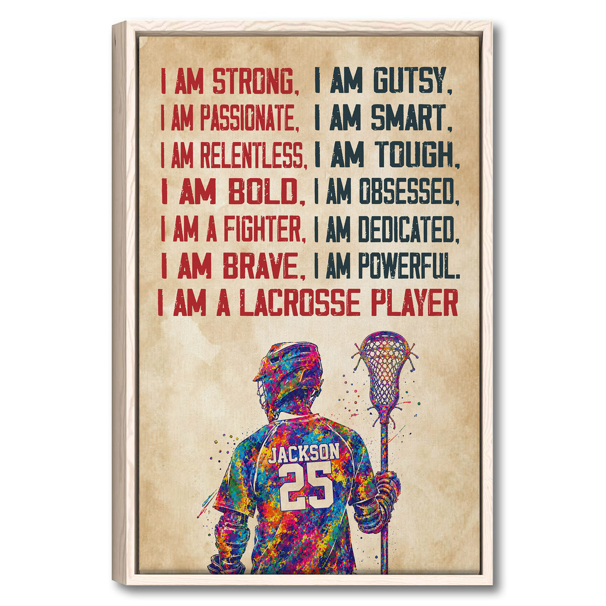 Framed lacrosse wall art with bold motivational text and colorful player artwork