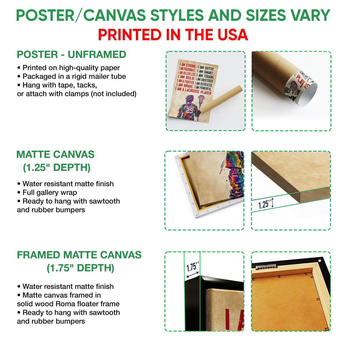 Lacrosse wall art format guide showing poster, matte canvas and framed canvas options