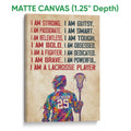 Matte canvas lacrosse wall art featuring a colorful player illustration and bold text