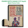 Black framed canvas lacrosse wall art with vibrant player artwork and motivational design