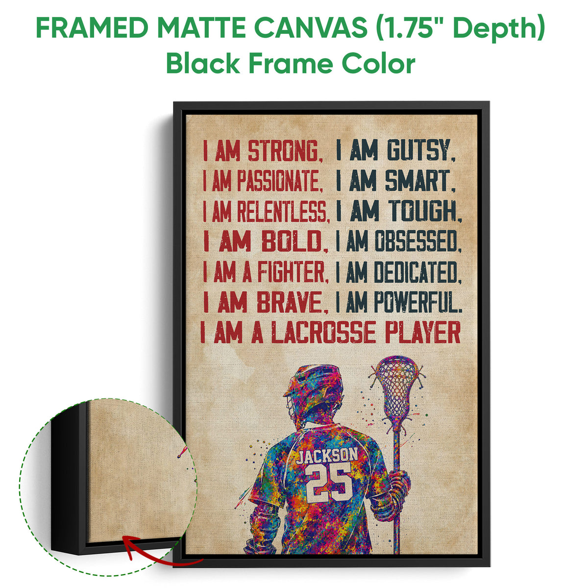 Black framed canvas lacrosse wall art with vibrant player artwork and motivational design