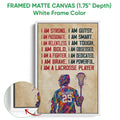 White framed canvas lacrosse wall art with colorful player illustration and inspirational text