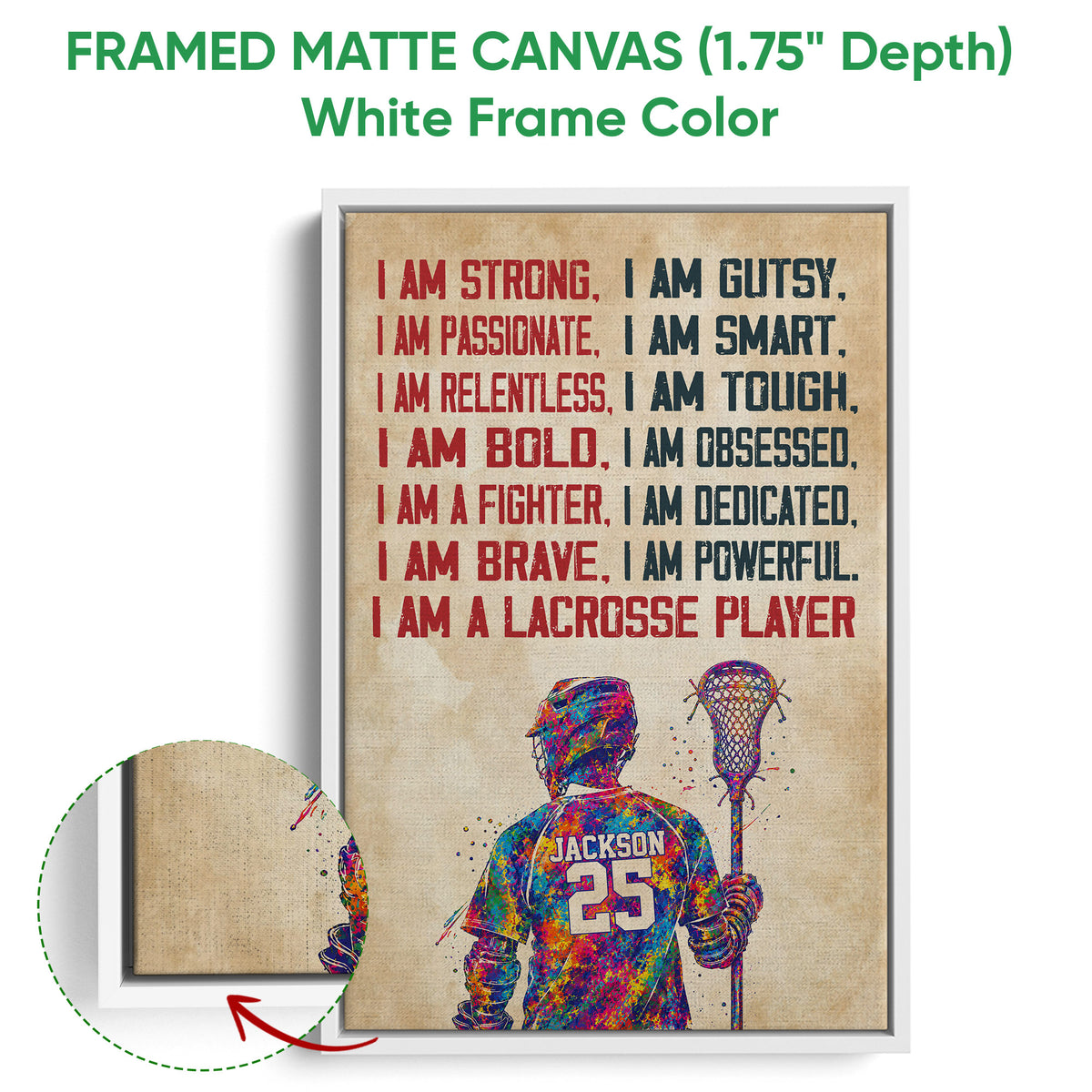 White framed canvas lacrosse wall art with colorful player illustration and inspirational text