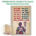 Natural wood framed lacrosse wall art featuring a colorful player and lacrosse stick