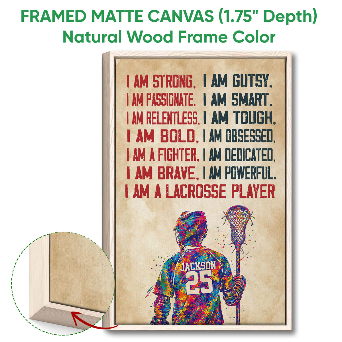 Natural wood framed lacrosse wall art featuring a colorful player and lacrosse stick
