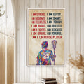 Framed lacrosse wall art displayed on a light wood-paneled wall in a bright room