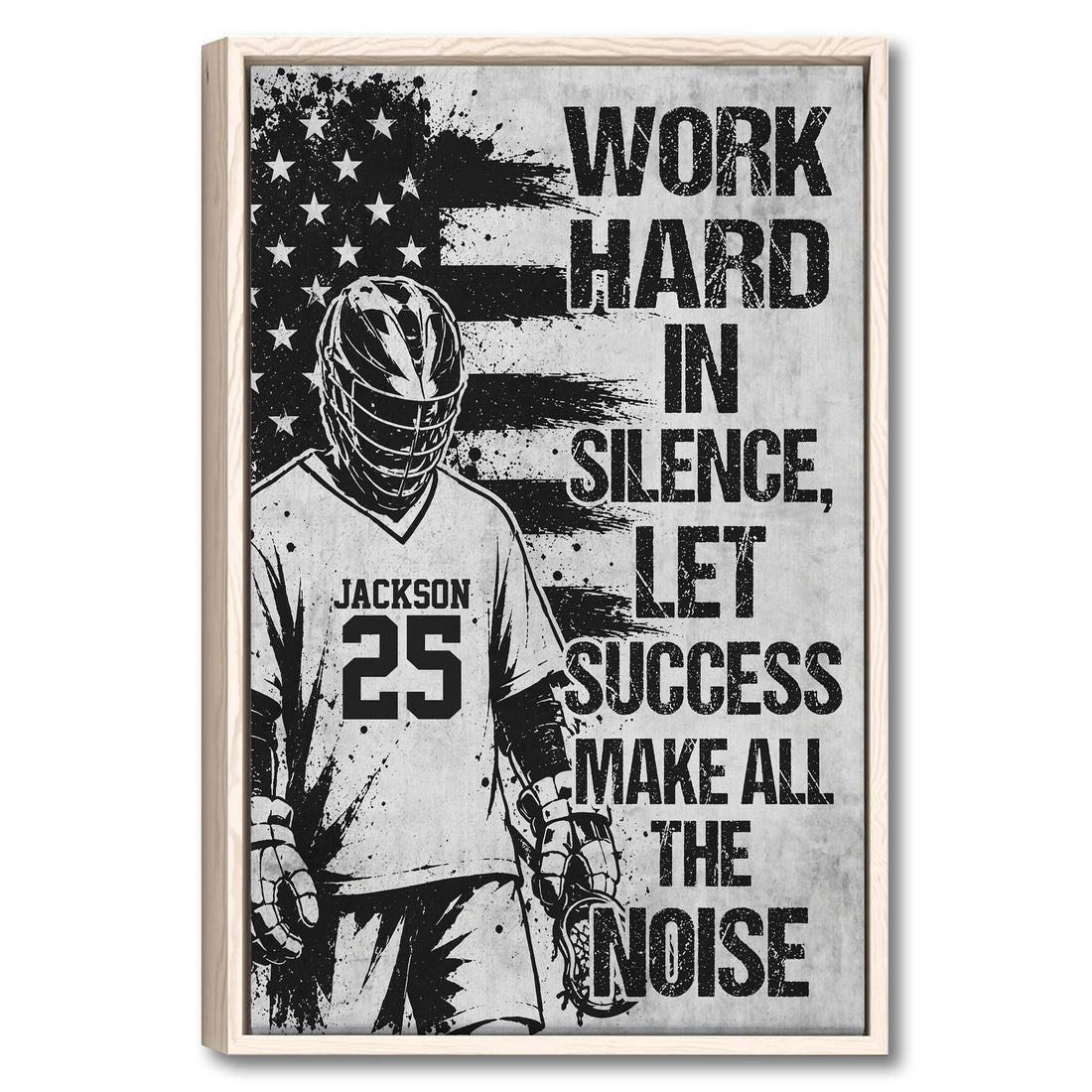 Framed lacrosse wall art with a black and white player illustration, flag design, and motivational message