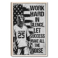 Framed lacrosse wall art with a black and white player illustration, flag design, and motivational message