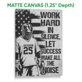 Matte canvas lacrosse wall art featuring a black and white player illustration and distressed flag background