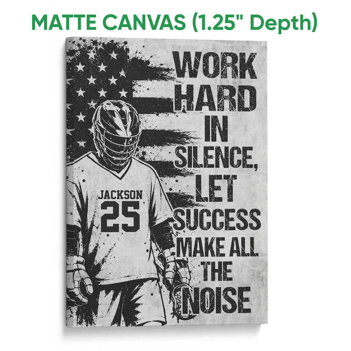 Matte canvas lacrosse wall art featuring a black and white player illustration and distressed flag background