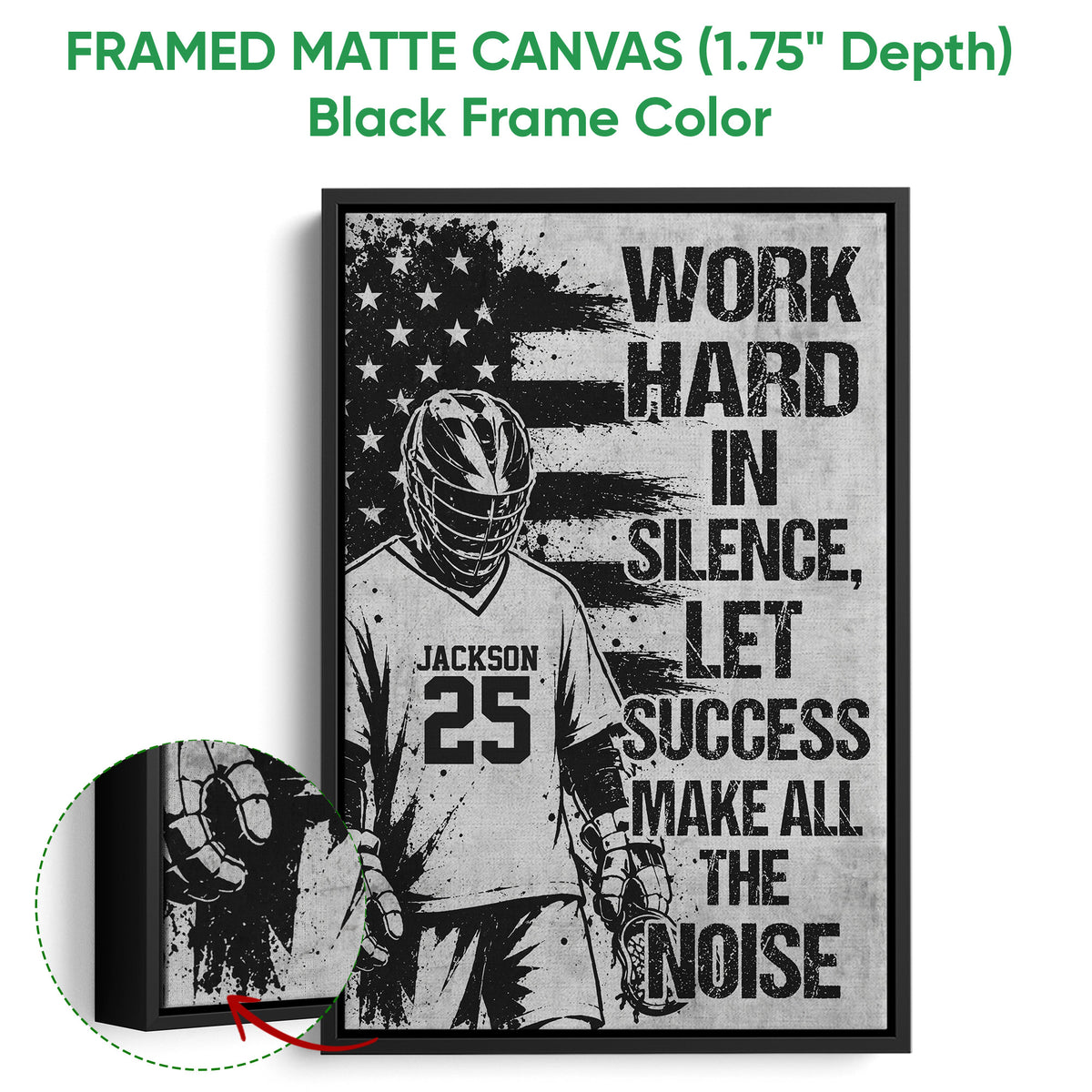 Framed lacrosse canvas wall art shown with a black frame and close-up of the canvas edge