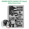 Framed lacrosse canvas wall art shown with a white frame and close-up of the canvas edge