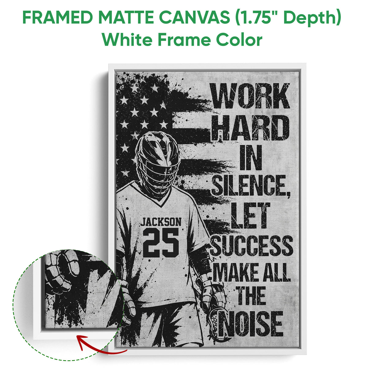 Framed lacrosse canvas wall art shown with a white frame and close-up of the canvas edge