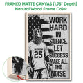 Framed lacrosse canvas wall art shown with a natural wood frame and close-up of the frame edge