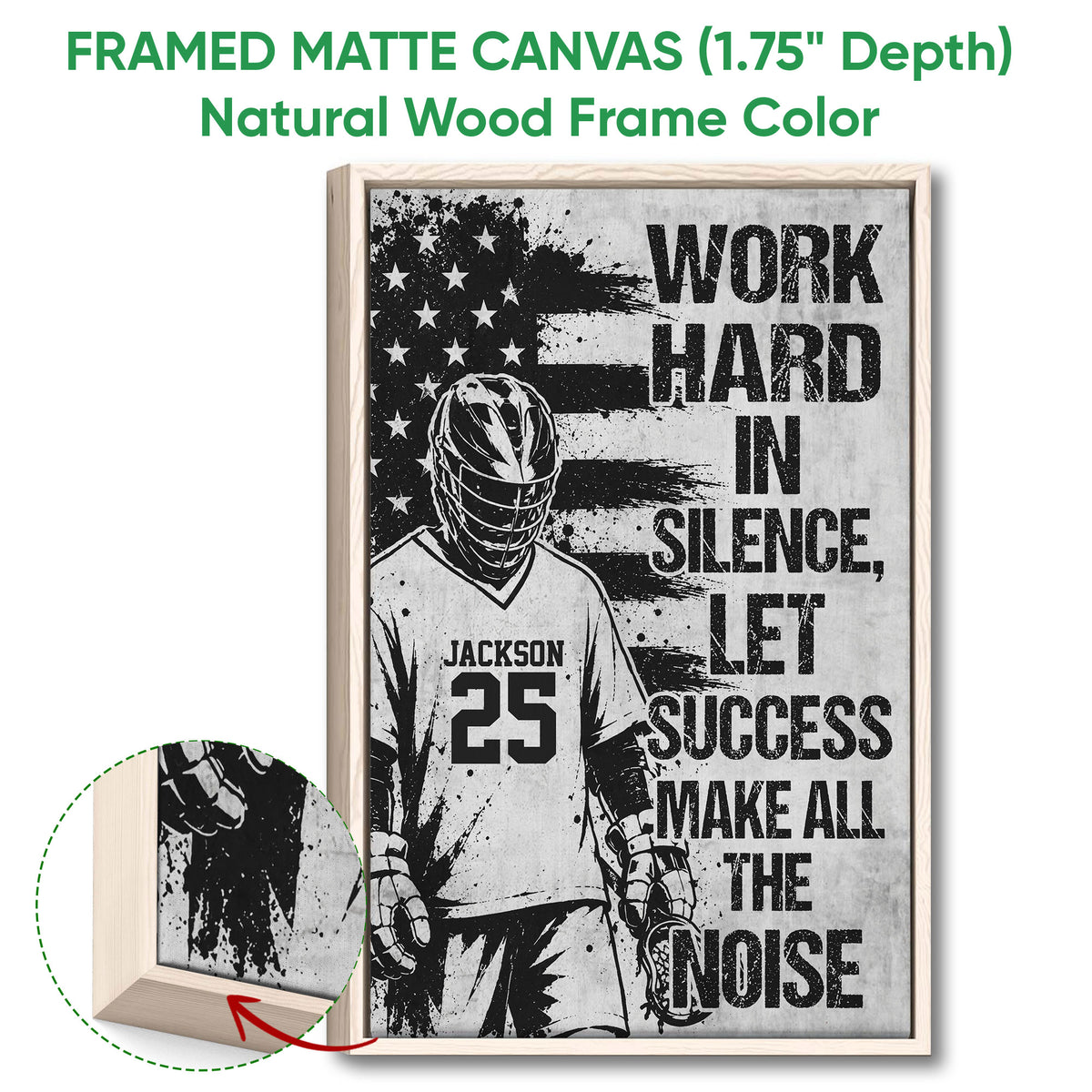Framed lacrosse canvas wall art shown with a natural wood frame and close-up of the frame edge