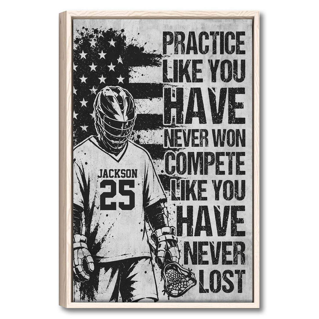 Framed lacrosse wall art with a helmeted player, lacrosse stick, distressed flag design, and motivational typography