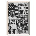 Framed lacrosse wall art with a helmeted player, lacrosse stick, distressed flag design, and motivational typography