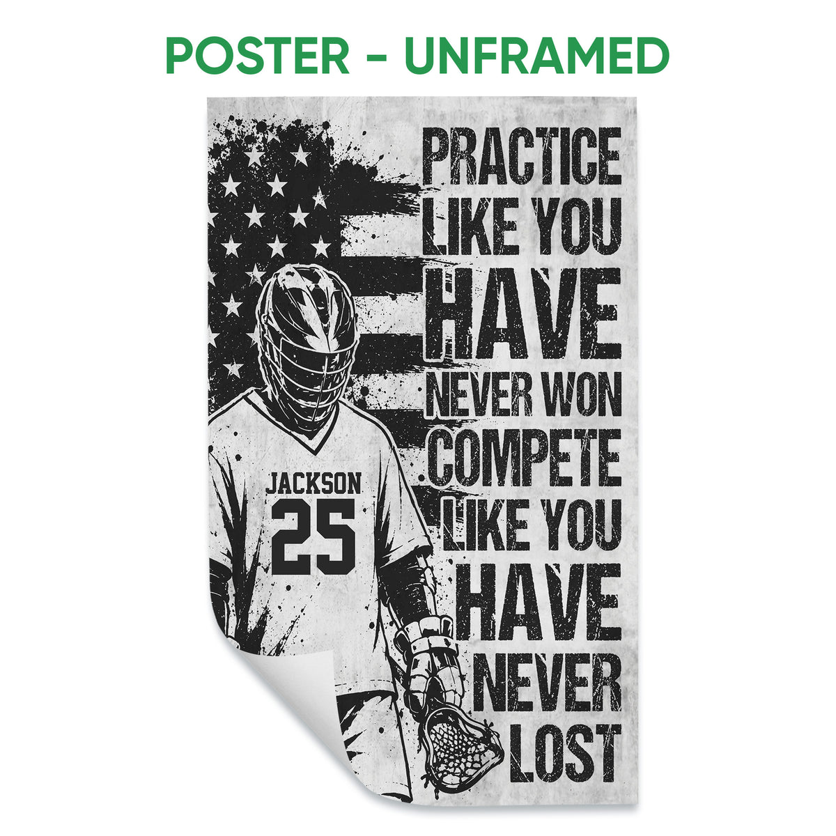 Unframed lacrosse poster featuring a helmeted player, lacrosse stick, flag motif, and bold motivational design