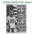 Matte canvas lacrosse wall art with a helmeted player, lacrosse stick, flag-inspired background, and bold typography