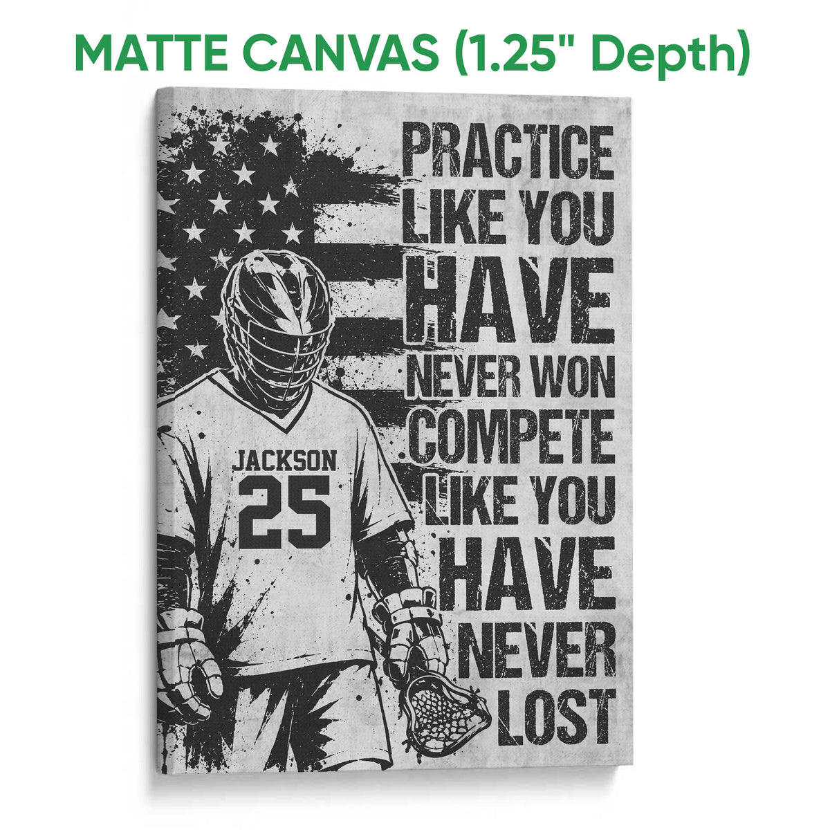 Matte canvas lacrosse wall art with a helmeted player, lacrosse stick, flag-inspired background, and bold typography