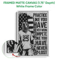 White framed lacrosse canvas wall art showing a helmeted player, lacrosse stick, and close-up frame detail