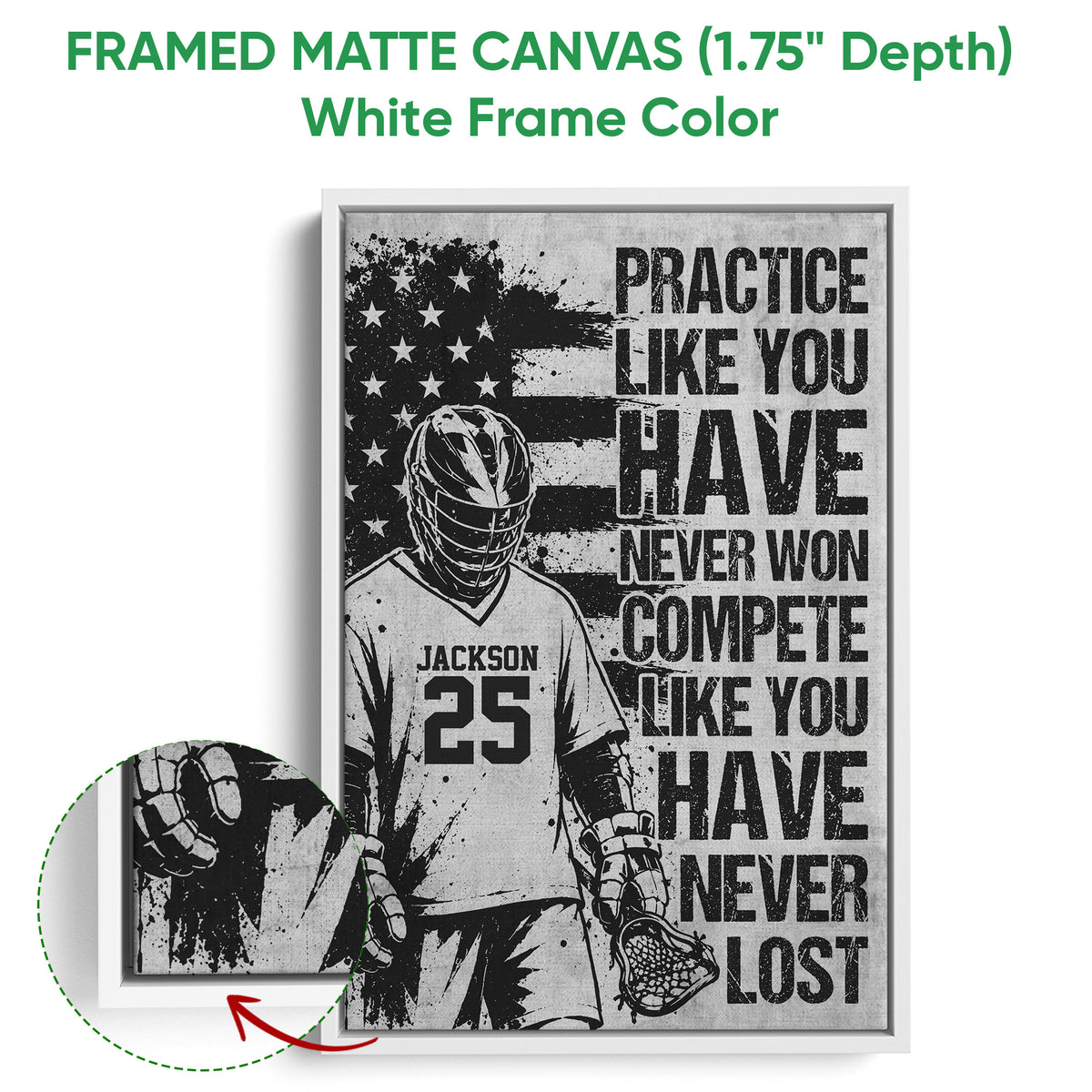 White framed lacrosse canvas wall art showing a helmeted player, lacrosse stick, and close-up frame detail