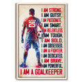 Framed soccer goalkeeper wall art with bold red and navy motivational typography