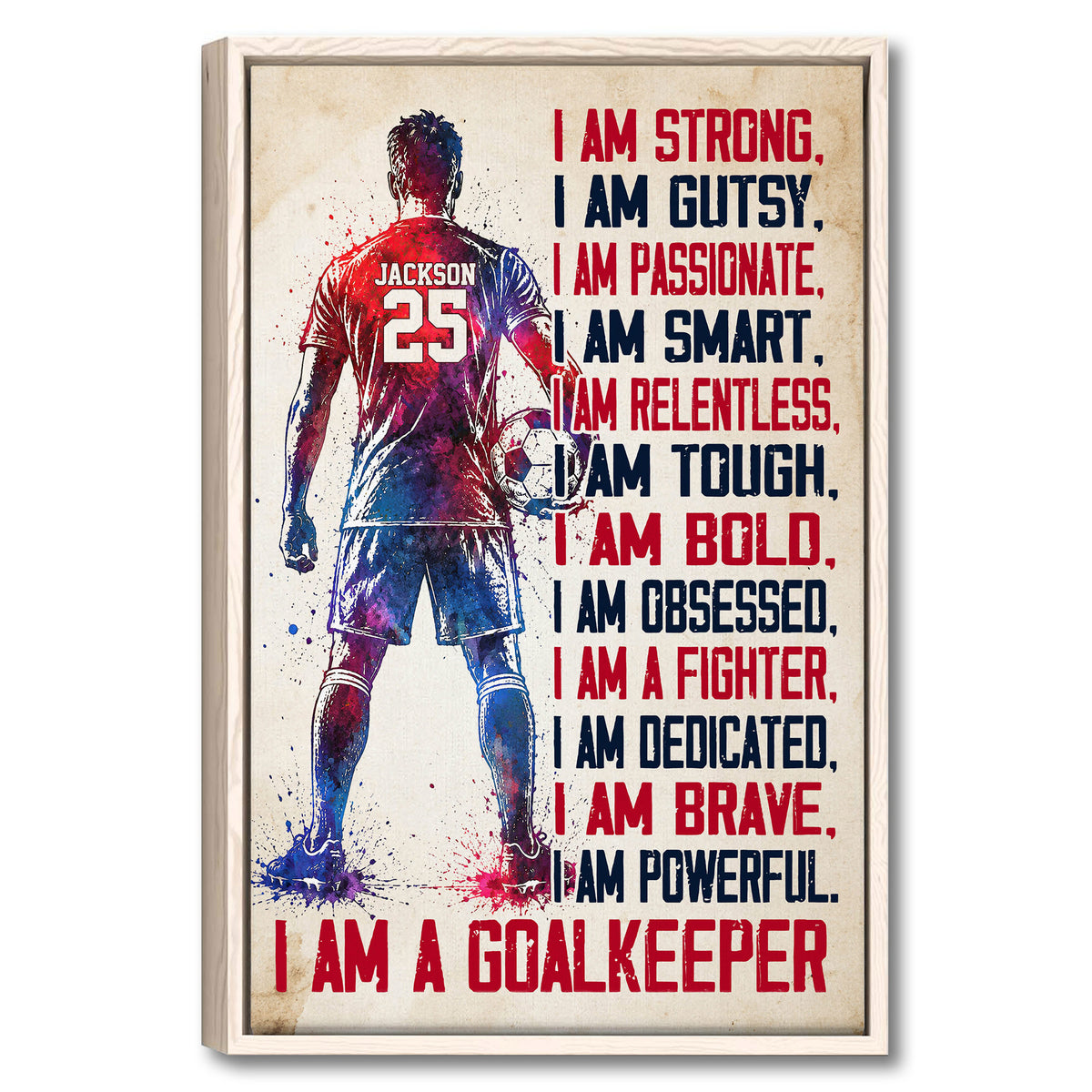 Framed soccer goalkeeper wall art with bold red and navy motivational typography