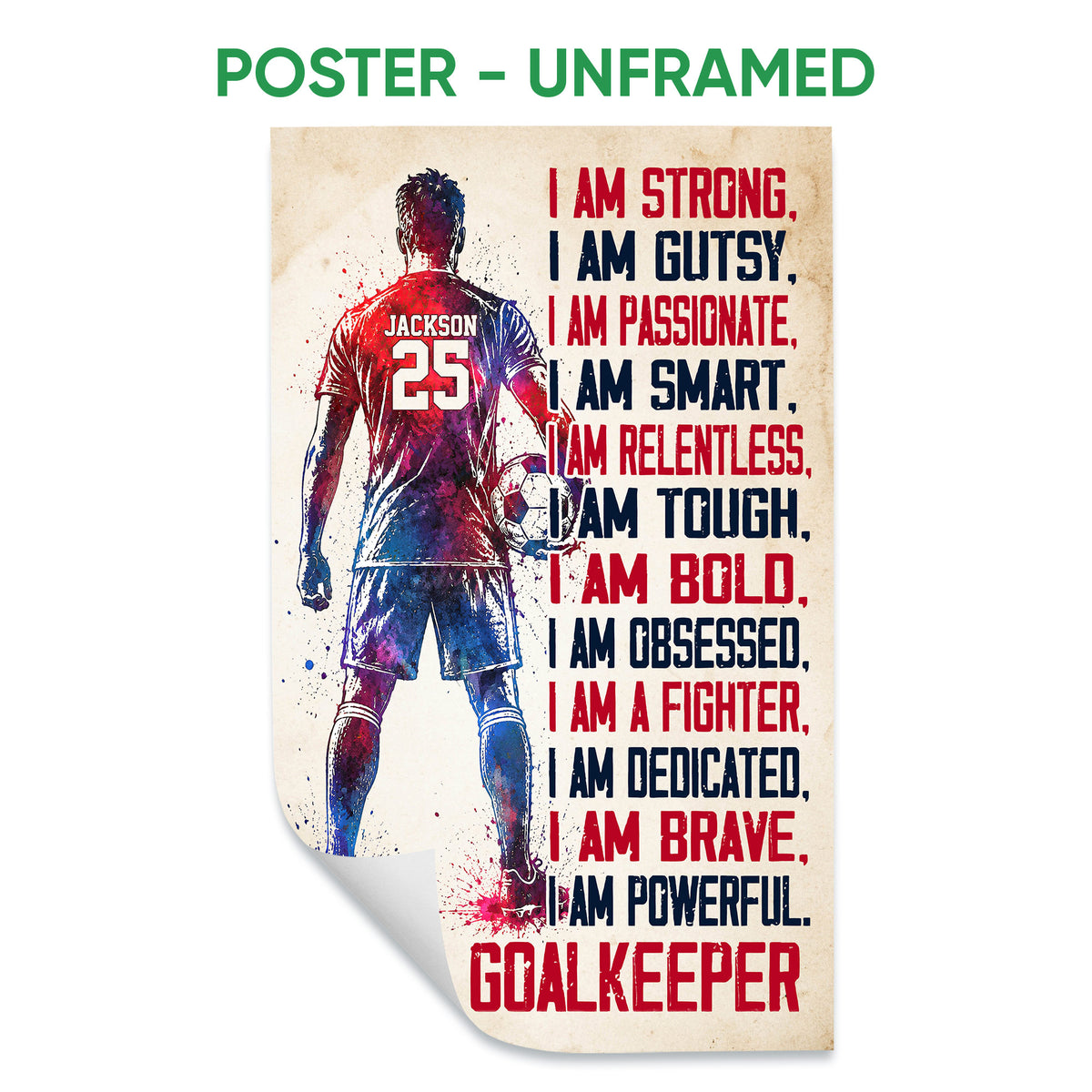 Unframed soccer goalkeeper poster with red and navy motivational artwork
