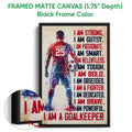 Black framed canvas soccer goalkeeper wall art with close-up texture detail