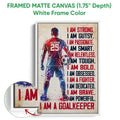 White framed canvas soccer wall art featuring a goalkeeper and colorful motivational design