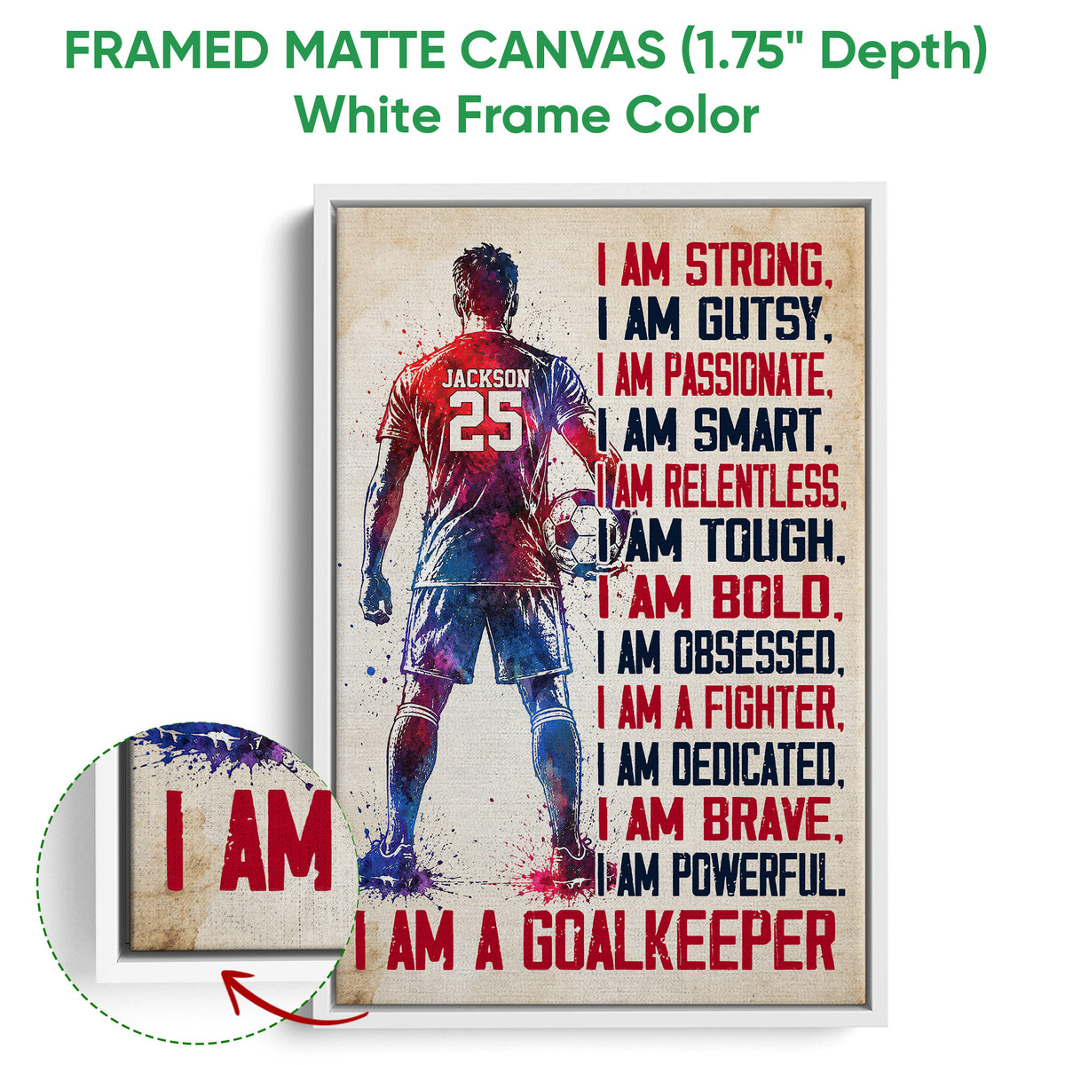 White framed canvas soccer wall art featuring a goalkeeper and colorful motivational design