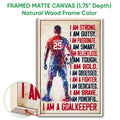 Natural wood framed soccer goalkeeper wall art with close-up frame detail