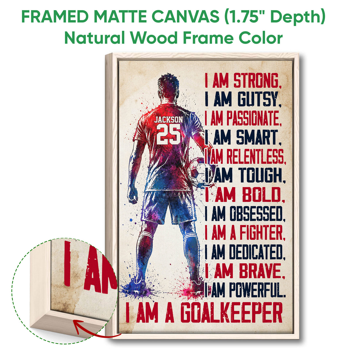 Natural wood framed soccer goalkeeper wall art with close-up frame detail