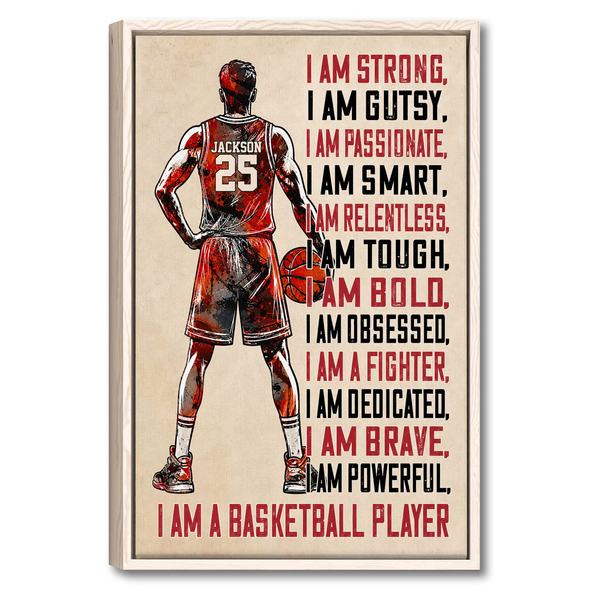 Framed basketball wall art featuring a player silhouette, basketball, and bold red and black motivational typography