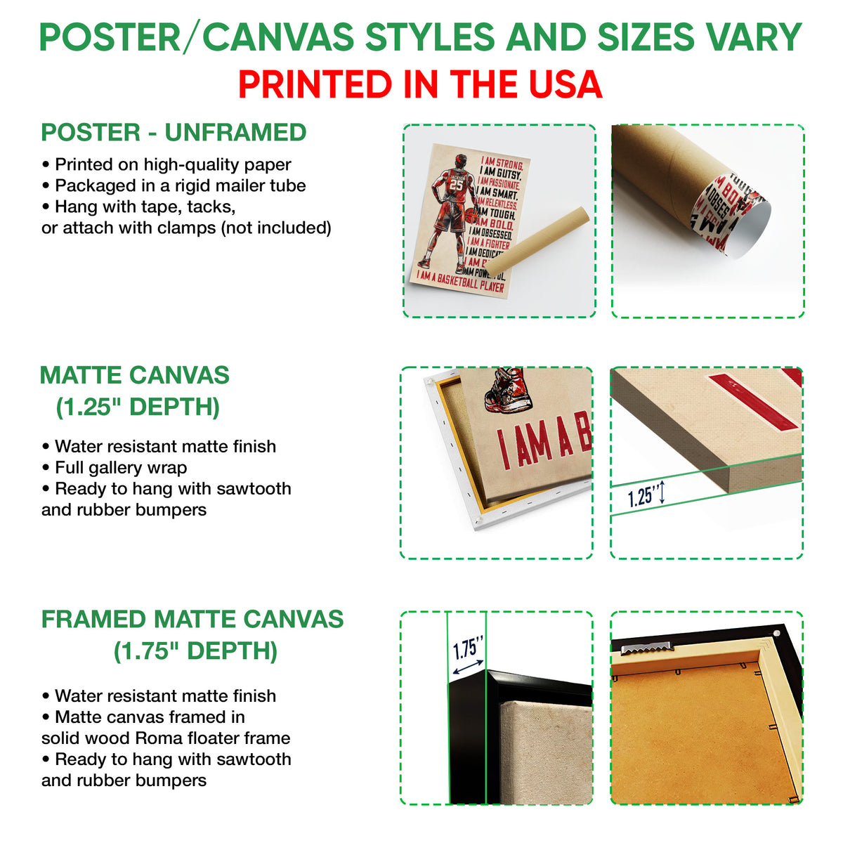 Poster and canvas wall art options guide showing unframed poster, matte canvas, and framed canvas formats