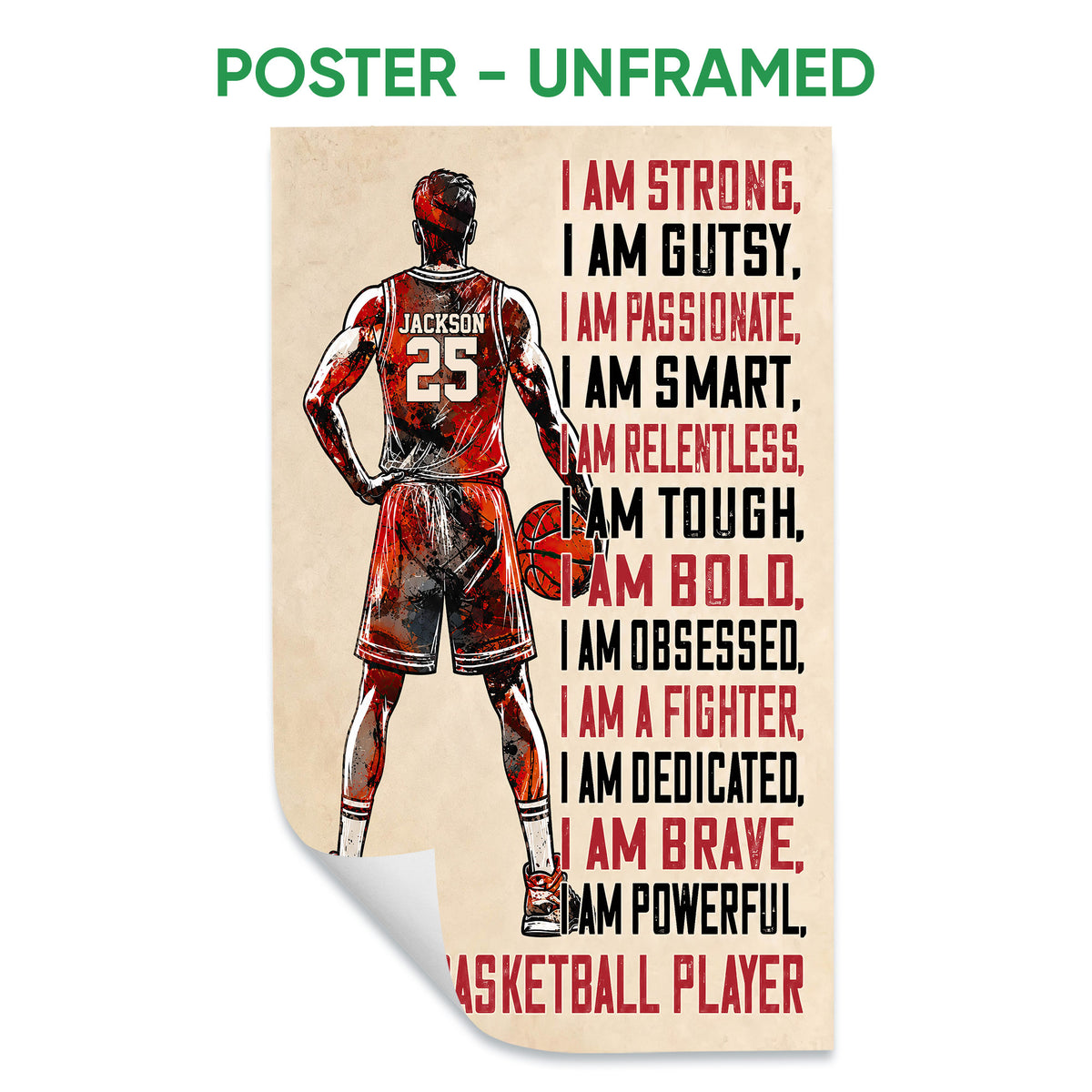 Unframed basketball poster featuring a player silhouette, basketball, and bold motivational sports typography