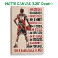 Matte canvas basketball wall art featuring a player silhouette, basketball, and distressed red and black design
