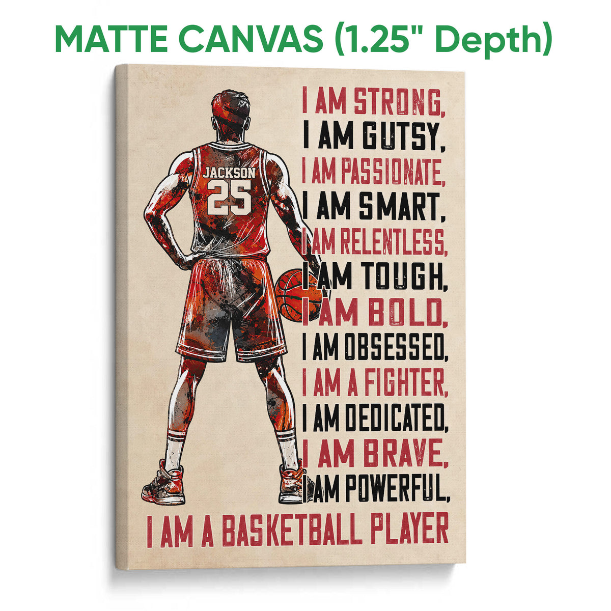 Matte canvas basketball wall art featuring a player silhouette, basketball, and distressed red and black design