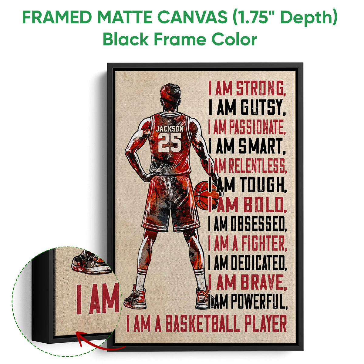 Framed matte canvas basketball wall art shown with a black frame and close-up canvas detail