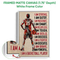 Framed matte canvas basketball wall art shown with a white frame and close-up canvas detail