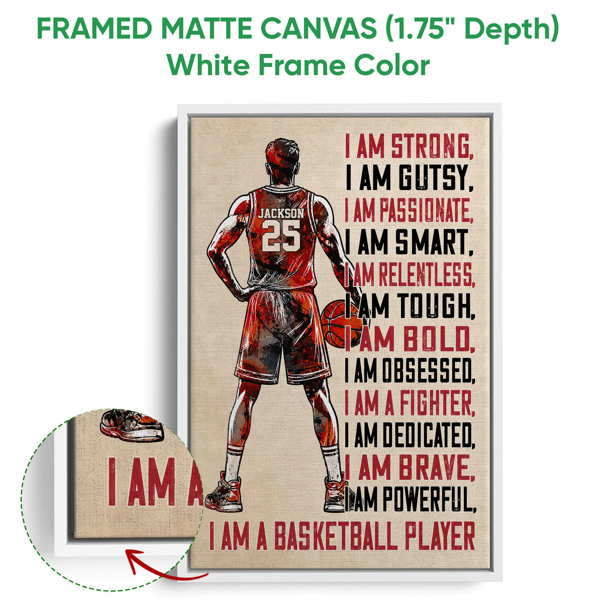 Framed matte canvas basketball wall art shown with a white frame and close-up canvas detail