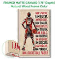 Framed matte canvas basketball wall art shown with a natural wood frame and close-up edge detail