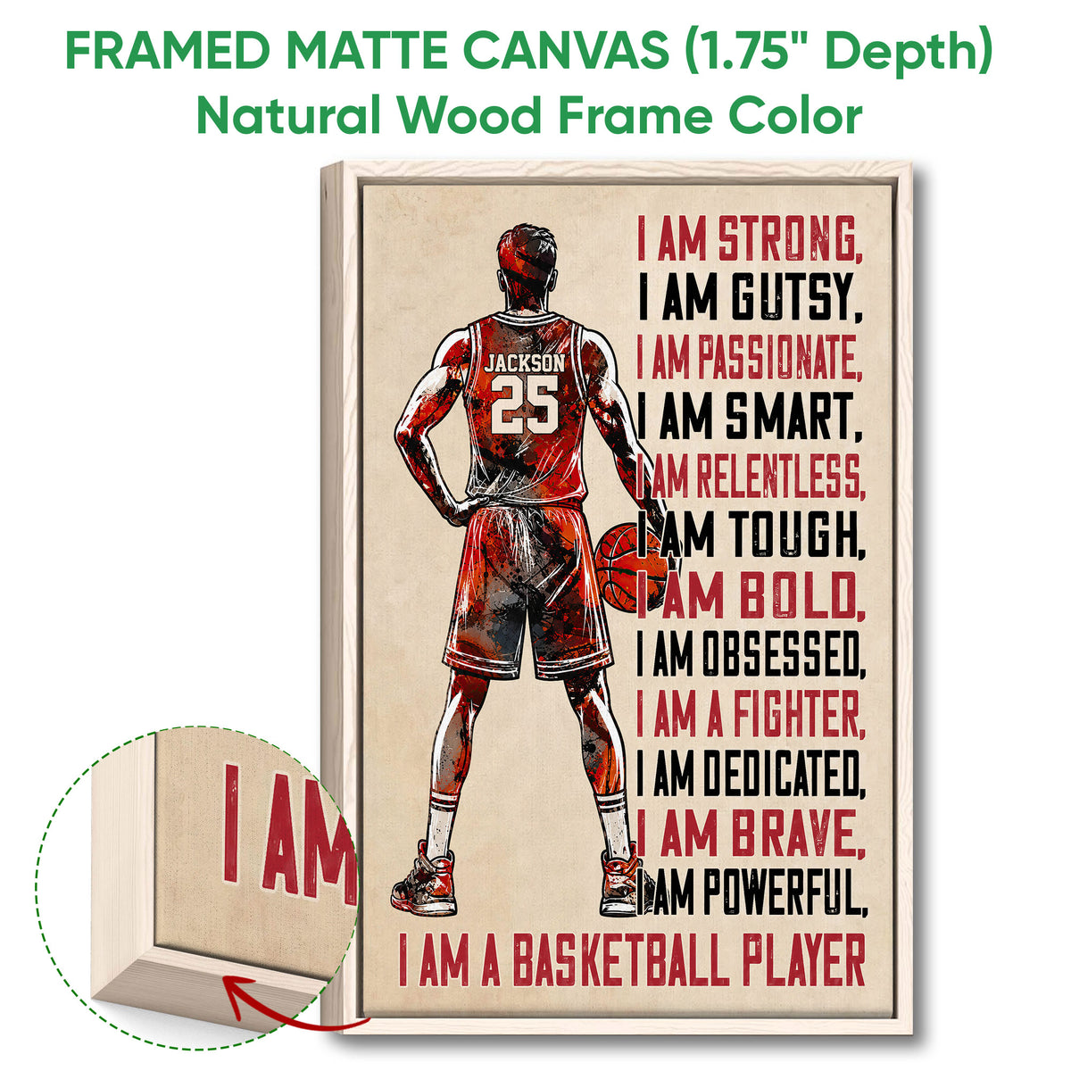 Framed matte canvas basketball wall art shown with a natural wood frame and close-up edge detail