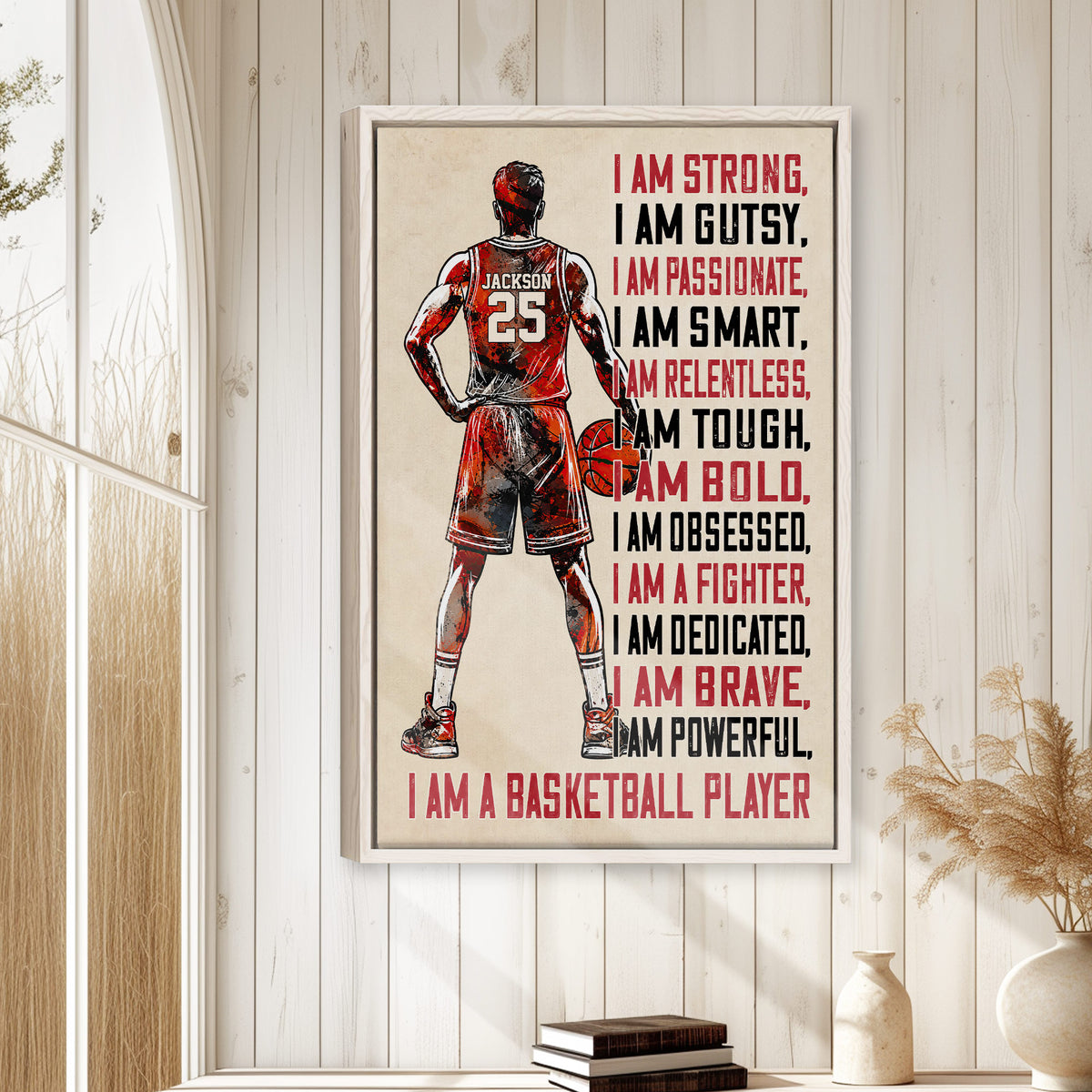 Basketball motivational wall art displayed in a bright room with white panel walls and natural wood decor