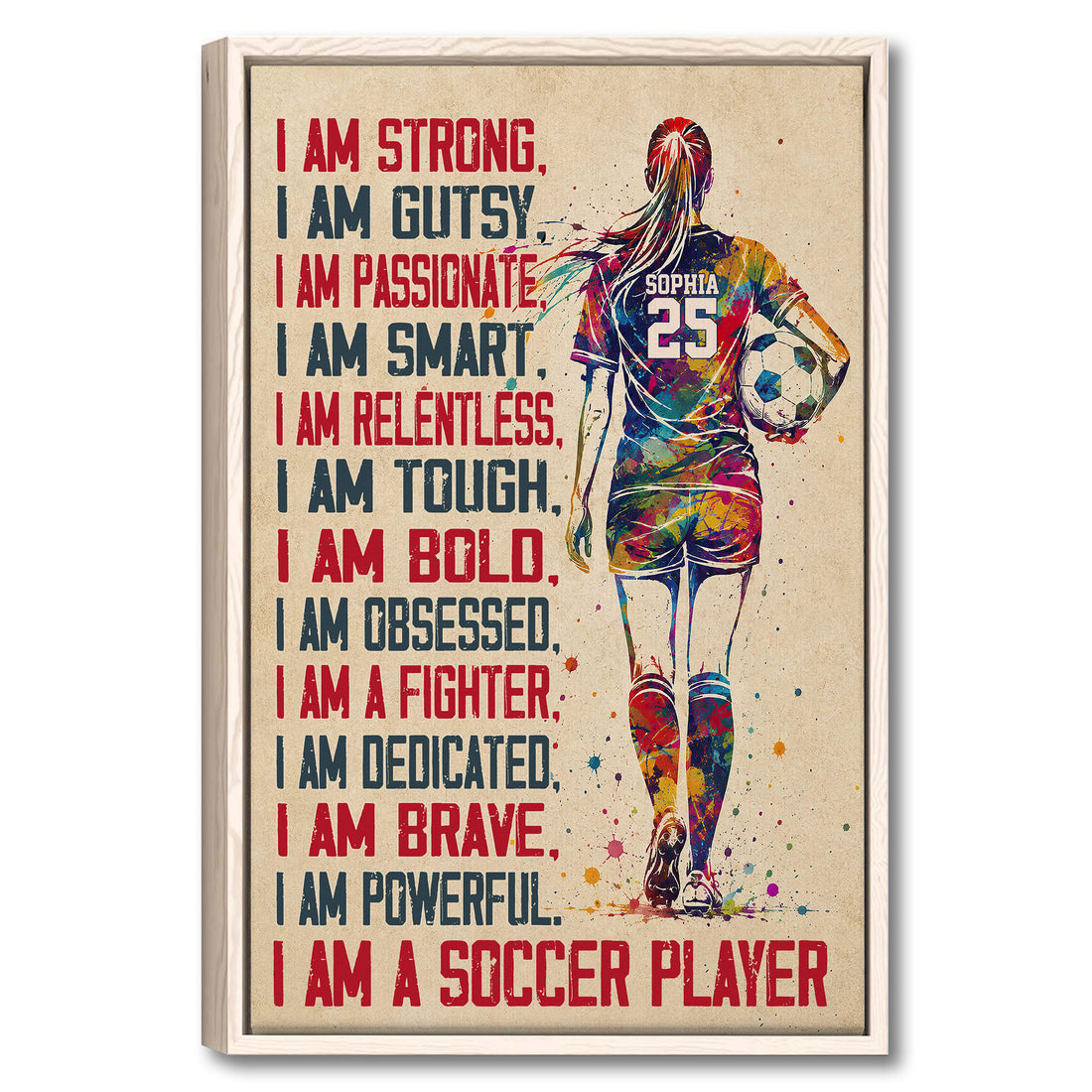 Framed soccer wall art featuring a colorful female player with a soccer ball and motivational typography