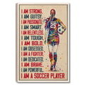 Framed soccer wall art featuring a colorful female player with a soccer ball and motivational typography